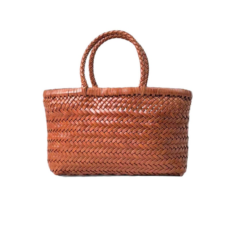 French Retro Genuine Calfskin Leather Bucket Bag Handwoven Small - Image 5