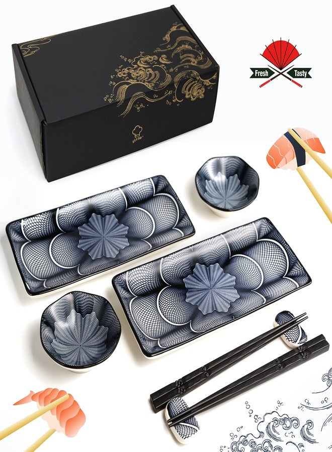 ELUSH 8 Piece Japanese Style Ceramic Sushi Plate Set 10-inch rectangle sushi dishes- 2 Sushi Plates, 2 Sauce Dishes, 2 Pairs of Chopsticks, 2 Chopsticks Holders - Image 2