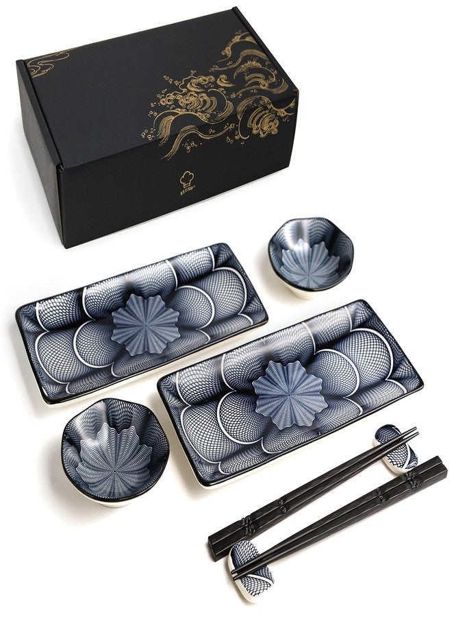 ELUSH 8 Piece Japanese Style Ceramic Sushi Plate Set 10-inch rectangle sushi dishes- 2 Sushi Plates, 2 Sauce Dishes, 2 Pairs of Chopsticks, 2 Chopsticks Holders - Image 1