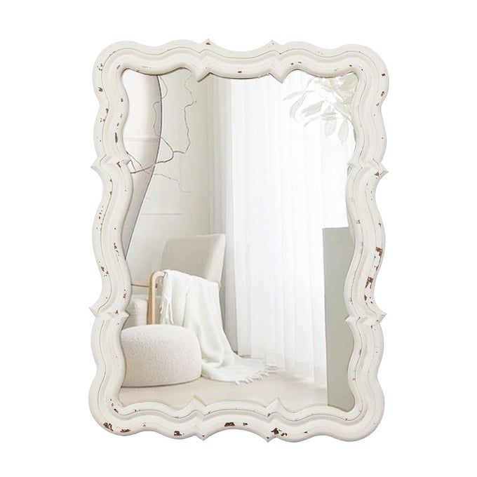 VINTAGE SMALL SCALLOPED WALL MIRRORS DECORATIVE 16 X 12 INCH HANGING DISTRESSED WHITE SCULPTED WOOD BATHROOM VANITY MIRROR RUSTIC ENTRYWAY MIRROR FARMHOUSE WALL MOUNTED MIRRORS