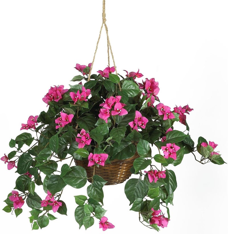 Nearly Natural 6608 24in. Bougainvillea Hanging Basket Silk Plant - Vibrant Pink Flowers with Lush Green Leaves - Image 1