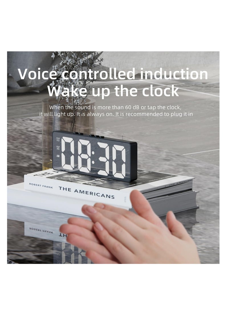 ECVV ساعة منبه رقمية ECVV، ساعة مرآة بشاشة LED، ساعات منبه مزدوجة للتحكم في الصوت، ساعة إلكترونية حديثة لغرفة النوم وغرفة المعيشة والمكتب، بطاريات/كابل USB (أسود) - Image 4