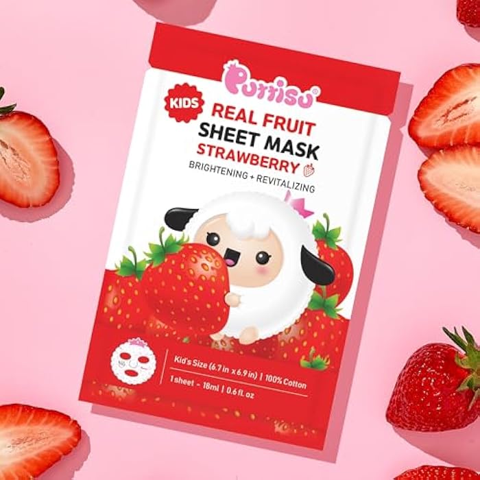 Puttisu Real Fruit Facial Mask Sheet for Kids, Children - Made with 100% Cotton, Moisturize, Sooths and Hydrates Skin (Strawberry- Pack of 14) - Image 2