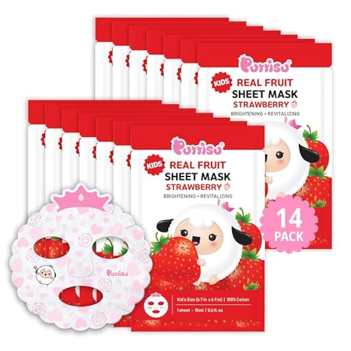 Puttisu Real Fruit Facial Mask Sheet for Kids, Children - Made with 100% Cotton, Moisturize, Sooths and Hydrates Skin (Strawberry- Pack of 14) - Image 1
