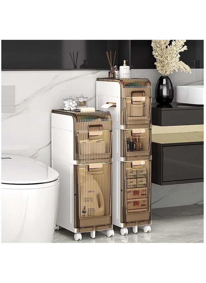 XICEN - 3 Tiers Narrow Bathroom Storage Cabinet Slim Floor Freestanding Rolling Waterproof Organizer with Drawers and Handles for Small Space Laundry Gap Toilet Paper Holder - Image 1