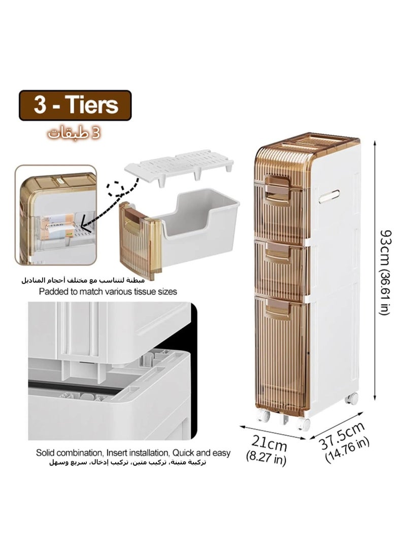 XICEN - 3 Tiers Narrow Bathroom Storage Cabinet Slim Floor Freestanding Rolling Waterproof Organizer with Drawers and Handles for Small Space Laundry Gap Toilet Paper Holder - Image 1