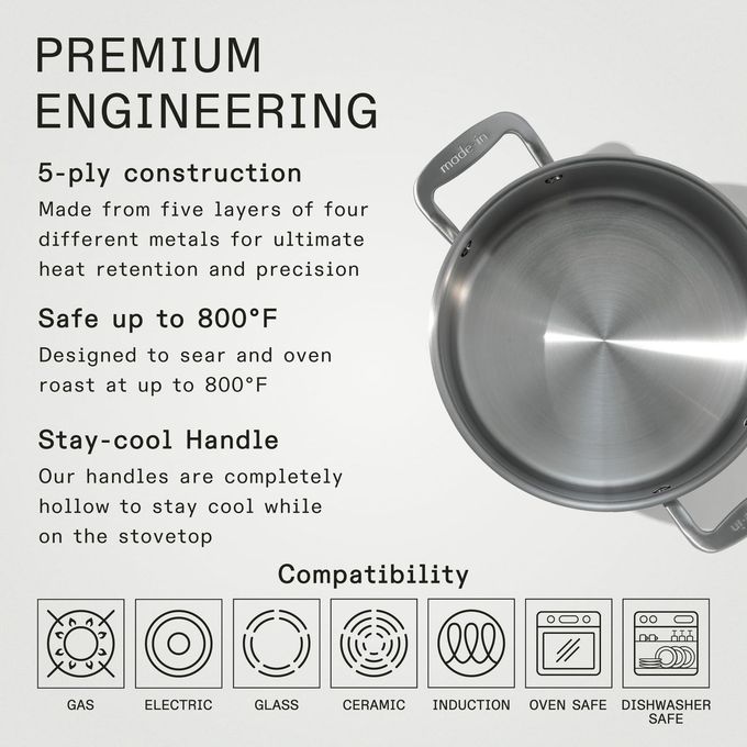 Madein Made In Cookware 6 Quart Stainless Steel Stock Pot With Lid 5 Ply Stainless Clad Professional Cookware Crafted In Italy Induction Compatible - Image 3