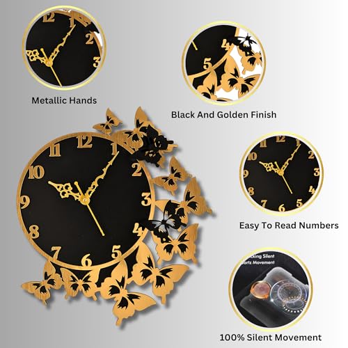 Nozvera Wooden Analog Wall Clock For Home Decor | Big Size Stylish & Fancy Wall Clock For Bedroom, Living Room, Office | Butterfly Wall Clock For Home, Modern Wooden Clock Wall (40Cm * 40Cm) - Image 4