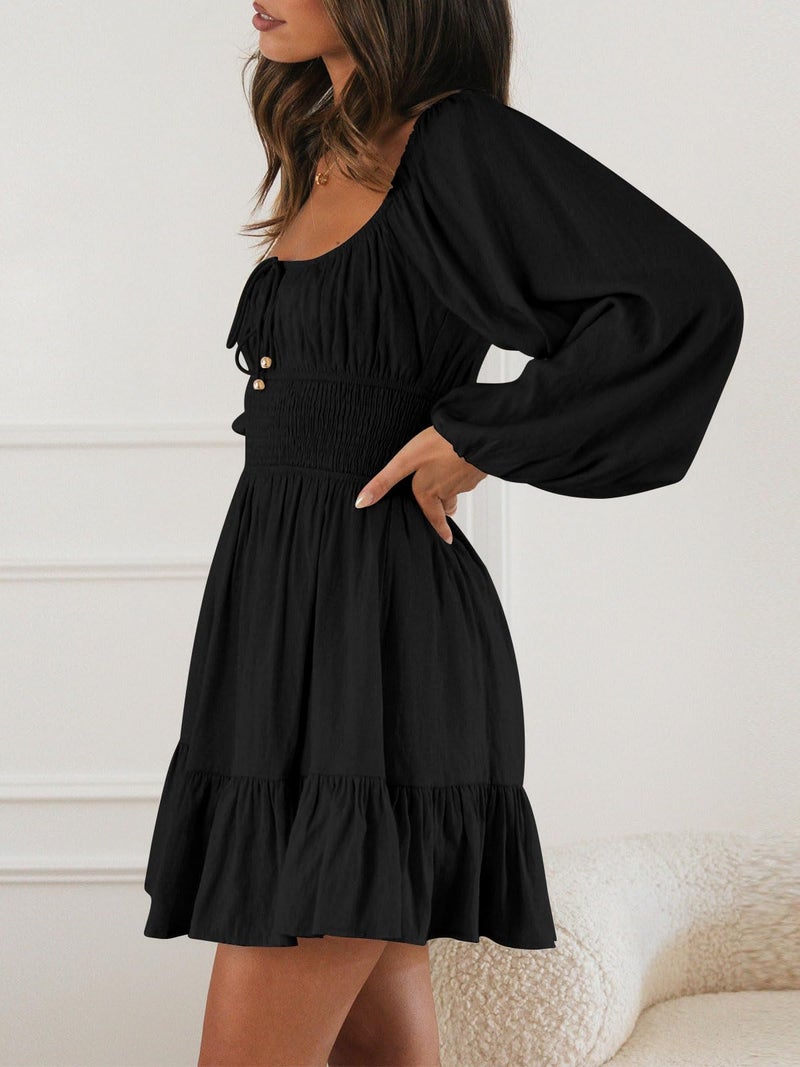 LILLUSORY Women's Long Sleeve Mini Dresses 2023 Fall Square Neck Cottagecore Casual Smocked Flowy Short Dress Black Small - Image 3