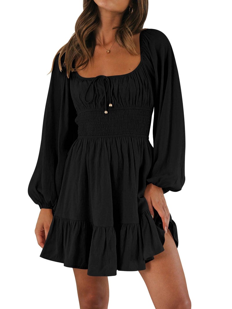 LILLUSORY Women's Long Sleeve Mini Dresses 2023 Fall Square Neck Cottagecore Casual Smocked Flowy Short Dress Black Small - Image 1