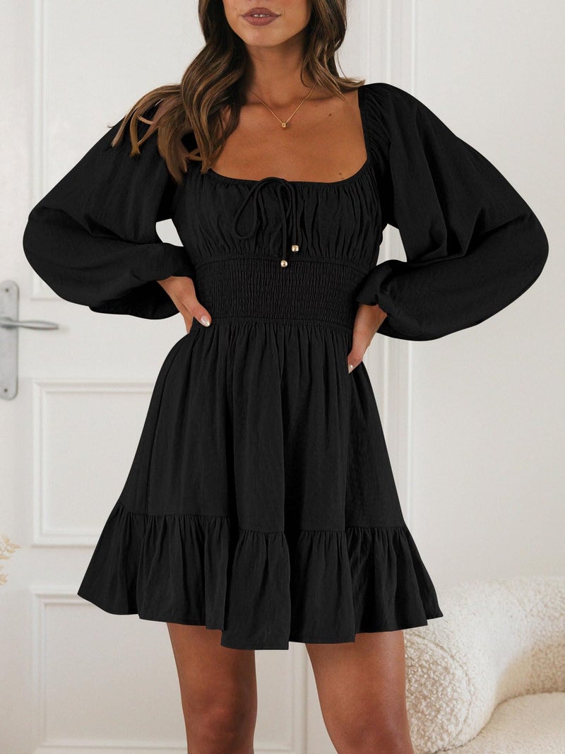 LILLUSORY Women's Long Sleeve Mini Dresses 2023 Fall Square Neck Cottagecore Casual Smocked Flowy Short Dress Black Small - Image 4