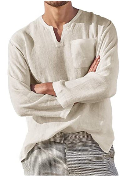 2022 Amazon wish Independent Station Hot Selling Mens Long Sleeve V-Neck Casual Beach Linen Shirt Men We have our own factory, self-produced 