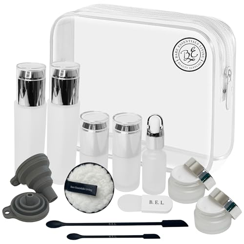 Bare Essentials Living 14 Pcs Travel Skincare Containers Set-TSA Approved Toiletry Bag & Glass Travel Bottles for Toiletries Pump, Spray & Dropper Bottles Travel Size Containers for Foundation, Serum Moisturizer Oil & Cream - Image 1