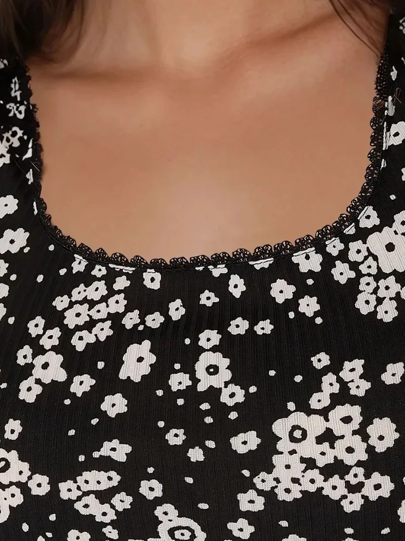 HICCUP Black Printed Slim Fit Crew Neck Top for Women | Best Price UAE