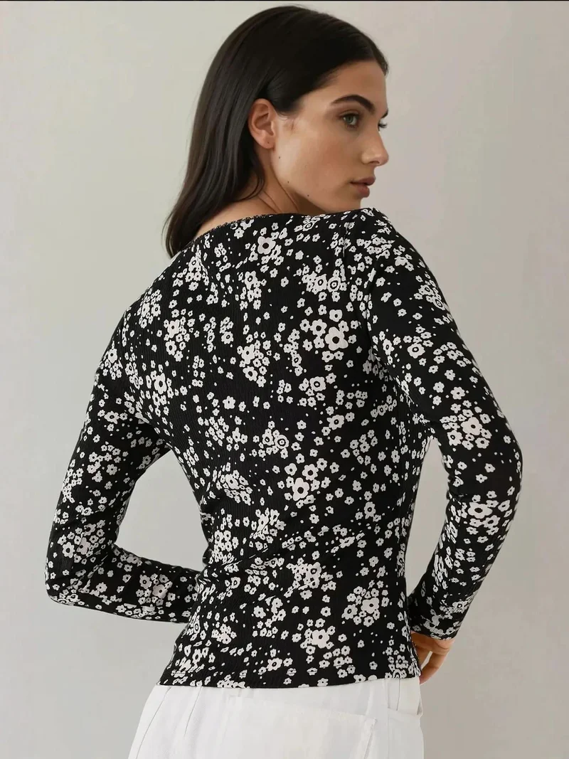 HICCUP Black Printed Slim Fit Crew Neck Top for Women | Best Price UAE
