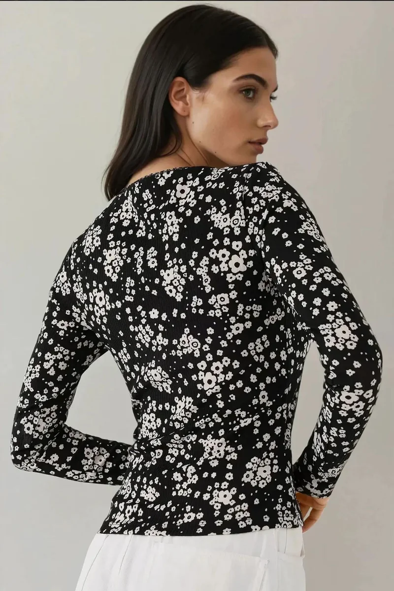 Hiccup Black Printed Slim Fit Crew Neck Top for Women | Best Price UAE