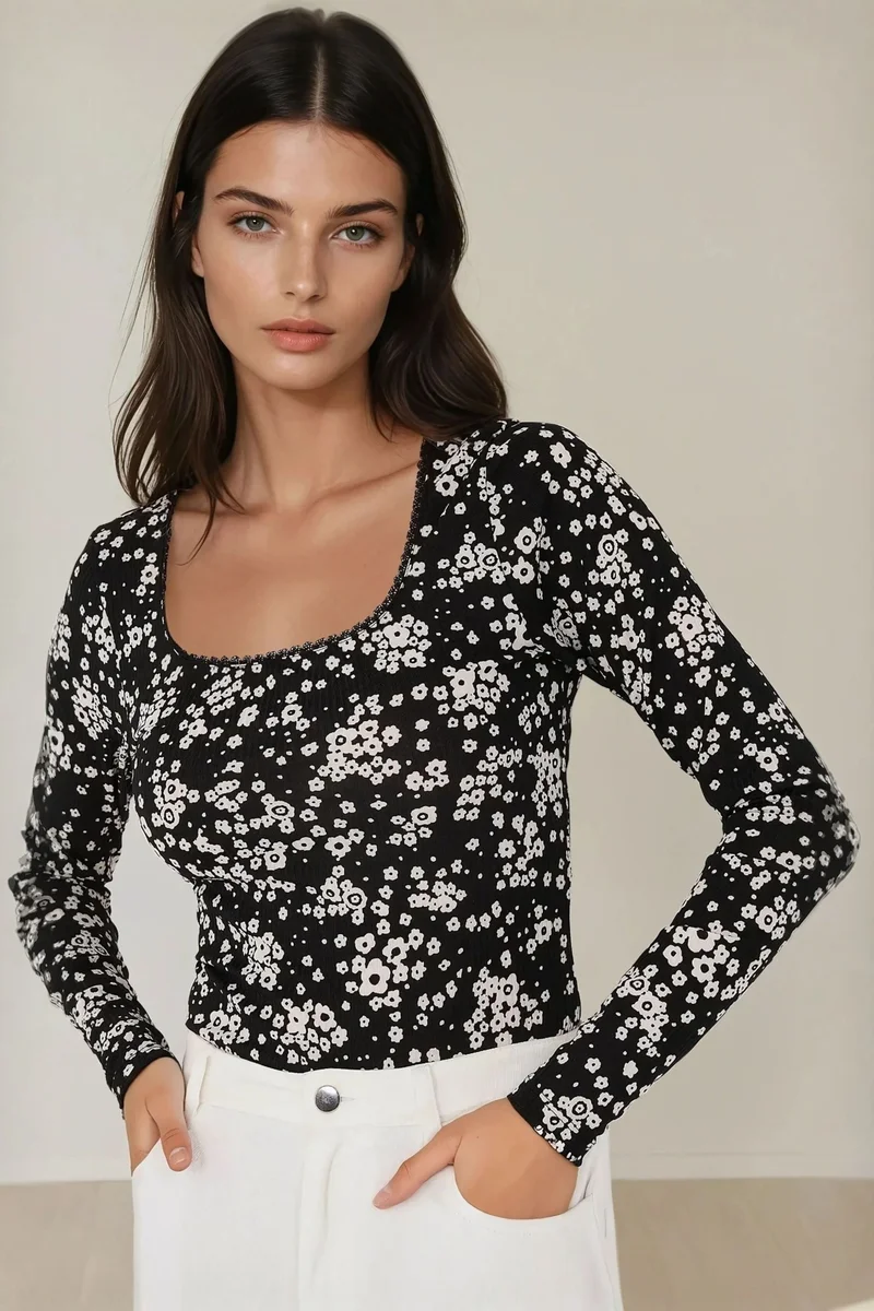 Hiccup Black Printed Slim Fit Crew Neck Top for Women | Best Price UAE