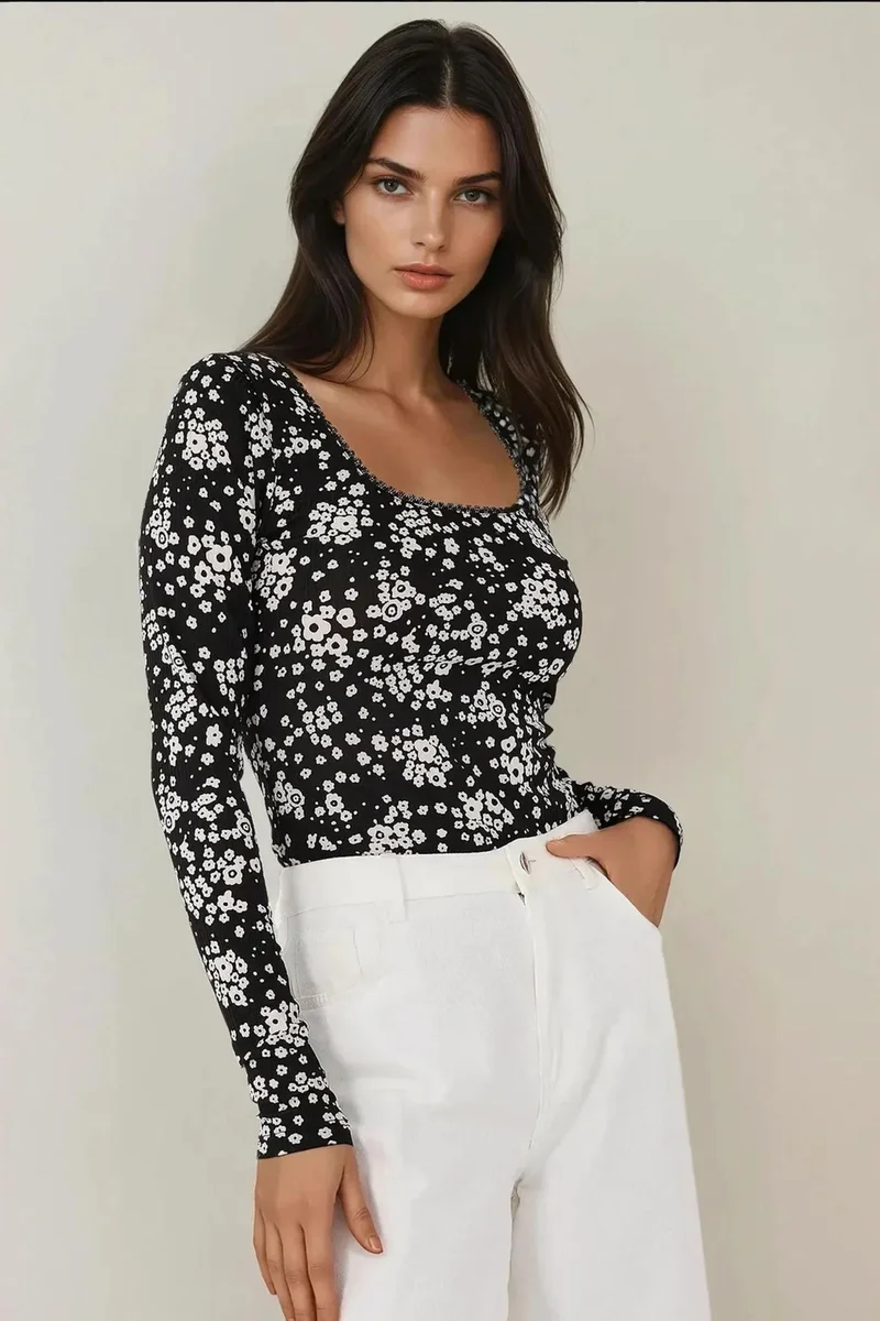 Hiccup Black Printed Slim Fit Crew Neck Top for Women | Best Price UAE