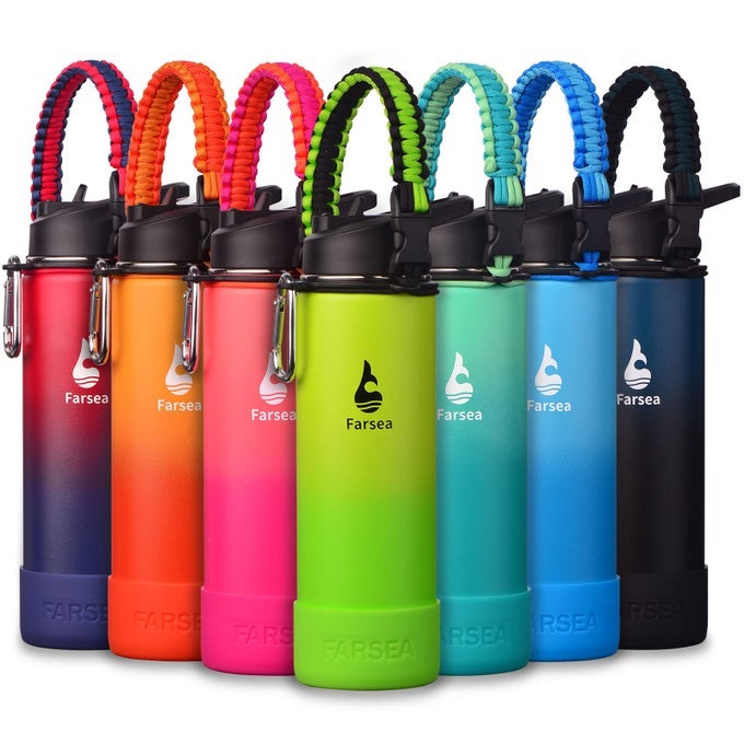 INSULATED WATER BOTTLE WITH PARACORD HANDLE PROTECTIVE SILICONE BOOT AND 2 LIDS STRAW LID SPOUT LID STAINLESS STEEL WATER BOTTLE WIDE MOUTH DOUBLE WALL SWEATPROOF BPAFREE 24 OZ