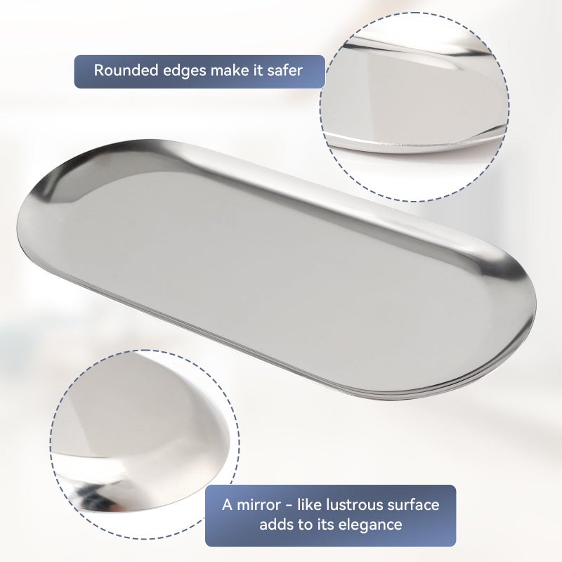 JOLYEAK 2PACK Silver Decorative Tray,Oval Stainless Steel Trays, Decorative Tray for Jewelry Dish Cosmetics Organizer Bathroom Clutter Serving Platter (Silver, 10 in) - Image 3