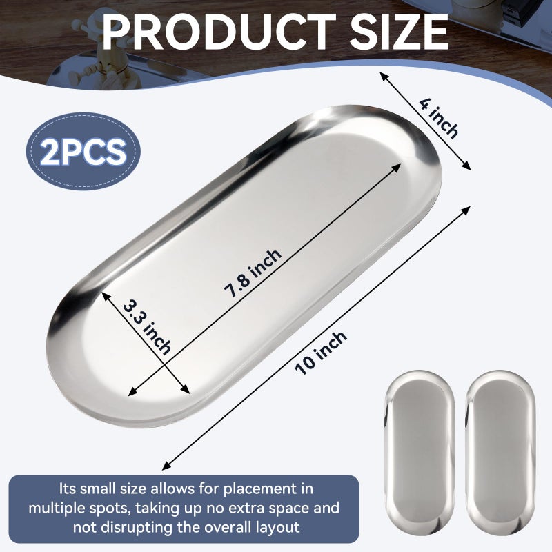 JOLYEAK 2PACK Silver Decorative Tray,Oval Stainless Steel Trays, Decorative Tray for Jewelry Dish Cosmetics Organizer Bathroom Clutter Serving Platter (Silver, 10 in) - Image 2