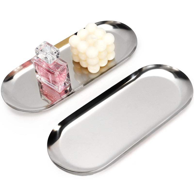 JOLYEAK 2PACK Silver Decorative Tray,Oval Stainless Steel Trays, Decorative Tray for Jewelry Dish Cosmetics Organizer Bathroom Clutter Serving Platter (Silver, 10 in) - Image 1