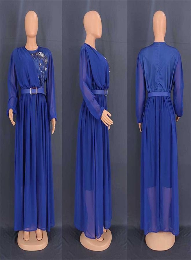 Loquat Chiffon Scalded Beads Long Sleeve Belt Dress Abaya Blue 