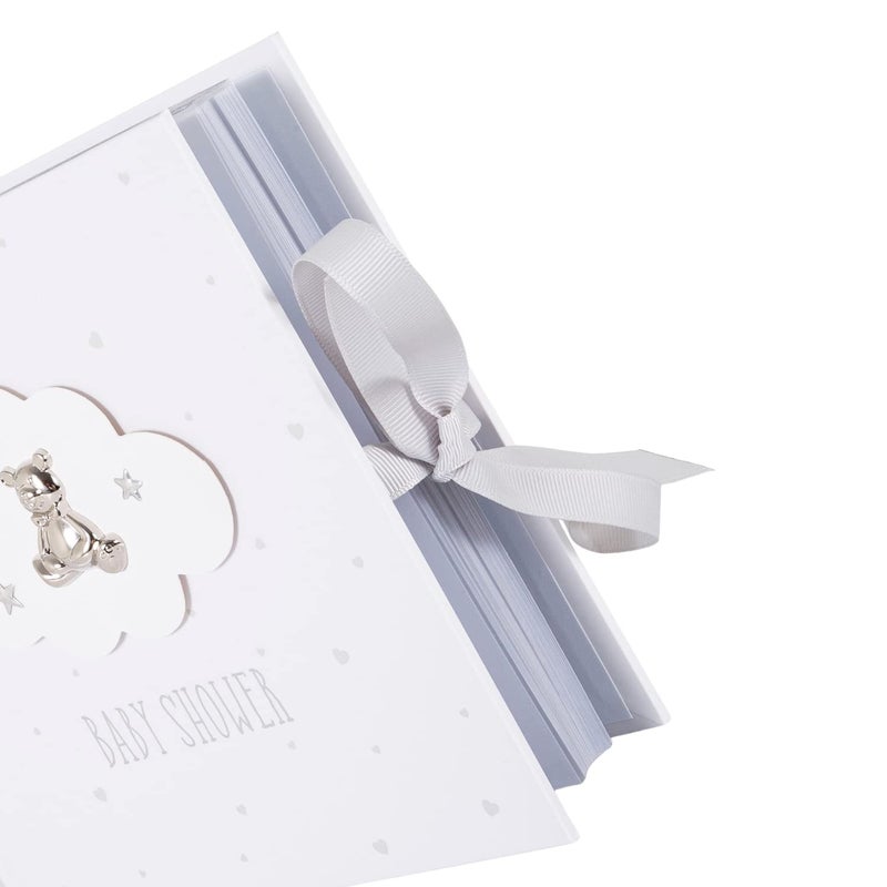 Happy Homewares Beautiful Ivory White Baby Shower Photo Album with Silver Plated Teddy Bear and Stars | Holds 80 Photos | Luxurious Grey Fabric Ribbon - Image 3