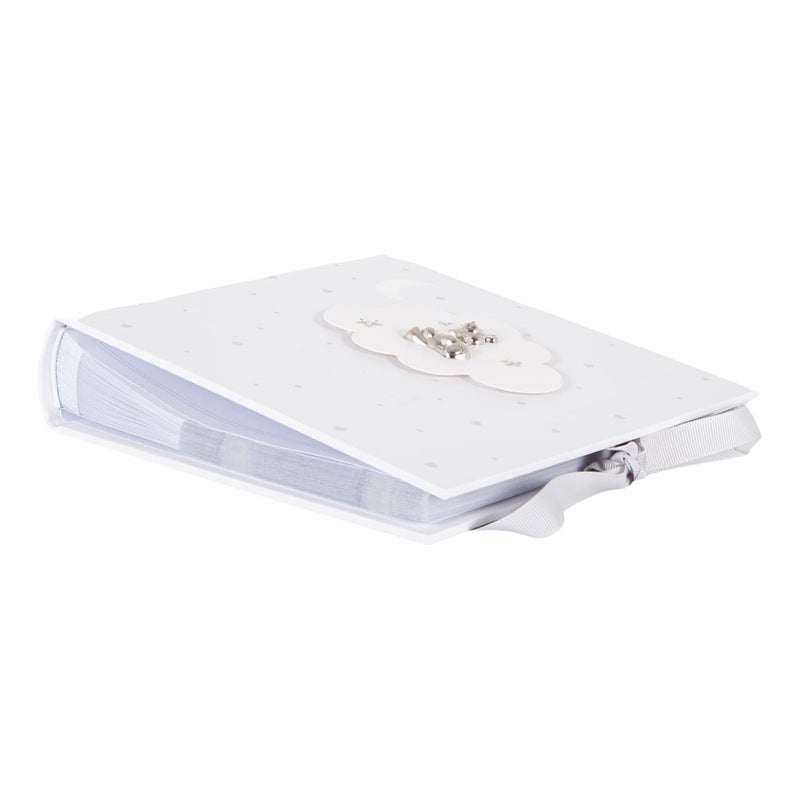 Happy Homewares Beautiful Ivory White Baby Shower Photo Album with Silver Plated Teddy Bear and Stars | Holds 80 Photos | Luxurious Grey Fabric Ribbon - Image 2