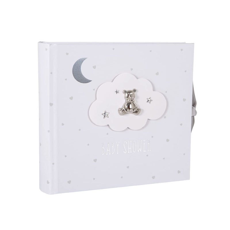 Happy Homewares Beautiful Ivory White Baby Shower Photo Album with Silver Plated Teddy Bear and Stars | Holds 80 Photos | Luxurious Grey Fabric Ribbon - Image 1
