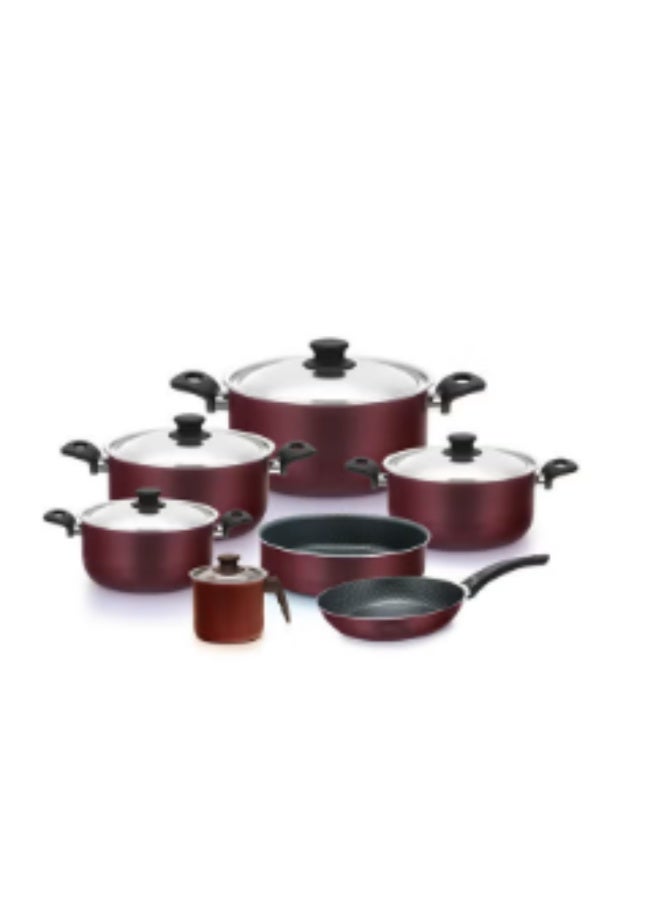TRUEVAL Kitchen Cooking Set 12 Pcs (pot 16-18-20-24 - frying pan 18 - oven tray 24 - milk pan 14) -Burgandy