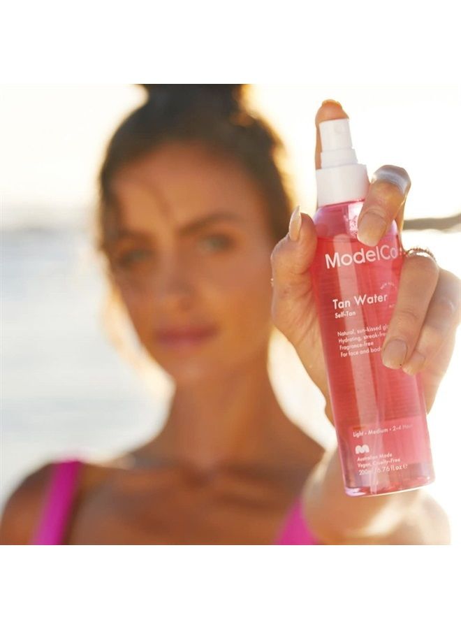 ModelCo Tanning Water - Self-Tan Body Spray - Turns Skin Golden Tan Within Hours - Hydrates and Nourishes the Face and Body - No Clogged Pores, Dry Skin, or Stained Sheets and Clothes - 6.76 fl oz