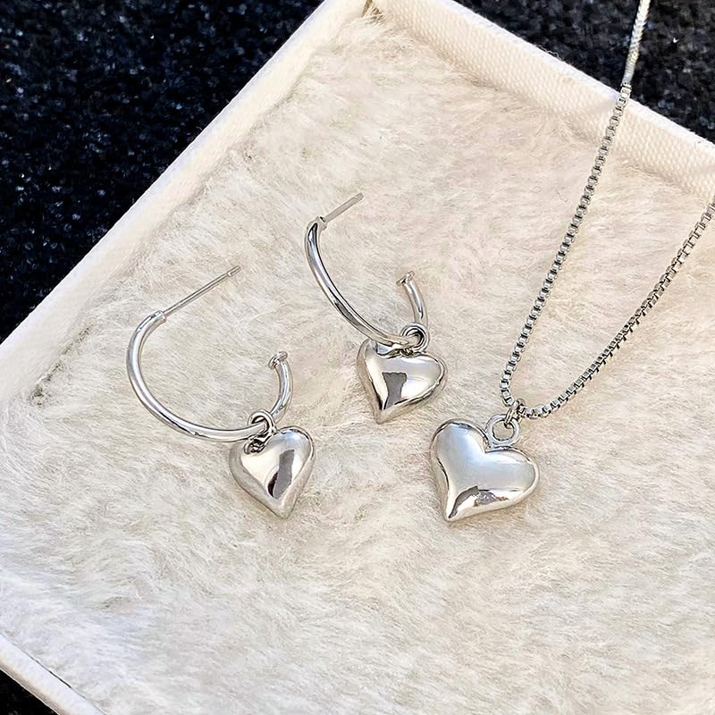 Mnyixsi 925 Sterling Silver Love Heart Pendant Necklace Earrings Set for Women and Womens Heart Earrings Pendant Necklace Thin Glass Puffy Love Heart Beaded Earrings Necklace Jewelry Set for Women - Image 2