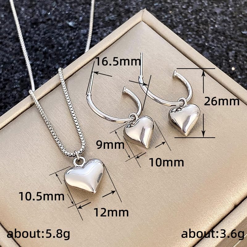 Mnyixsi 925 Sterling Silver Love Heart Pendant Necklace Earrings Set for Women and Womens Heart Earrings Pendant Necklace Thin Glass Puffy Love Heart Beaded Earrings Necklace Jewelry Set for Women - Image 5