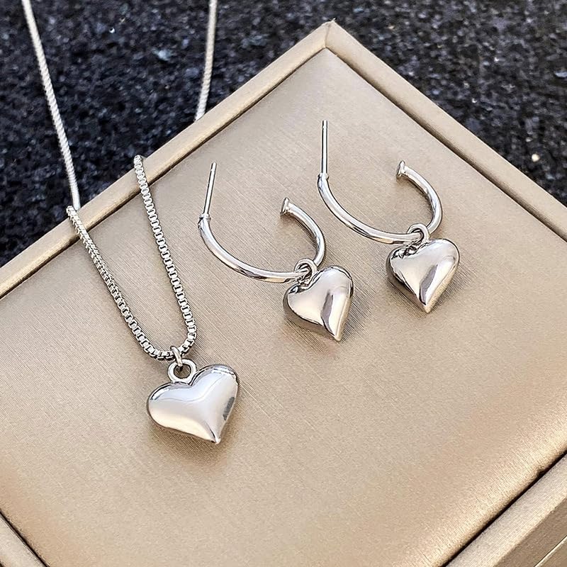 Mnyixsi 925 Sterling Silver Love Heart Pendant Necklace Earrings Set for Women and Womens Heart Earrings Pendant Necklace Thin Glass Puffy Love Heart Beaded Earrings Necklace Jewelry Set for Women - Image 1
