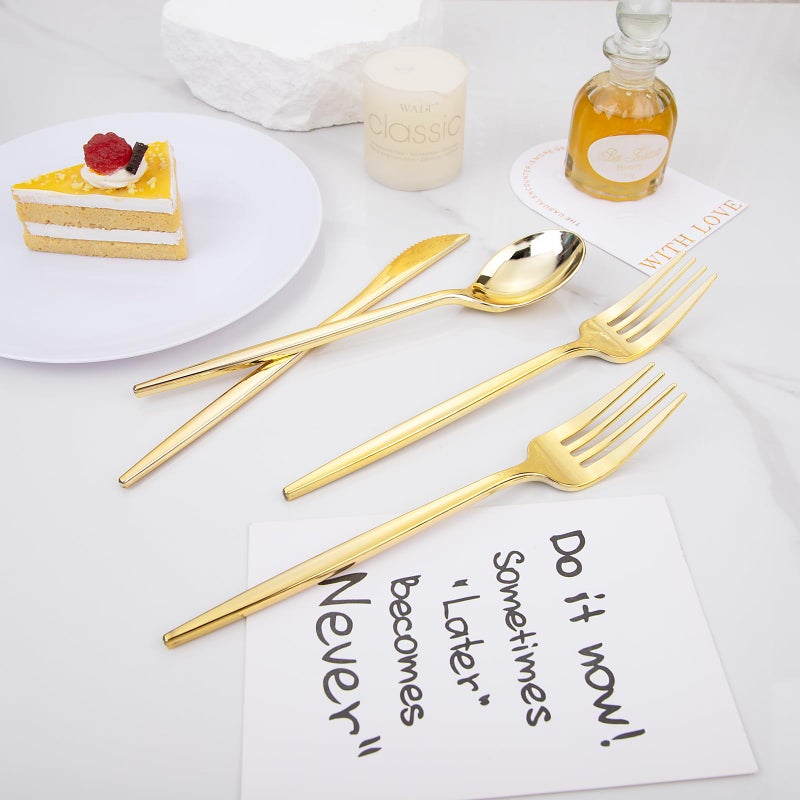 PULOTE 150PCS Gold Plastic Silverware Disposable - Heavy Duty Gold Plastic Cutlery - Gold Plastic Utensils Set Include 50 Knives 50 Forks 50 Spoons for Party&Wedding - Image 2