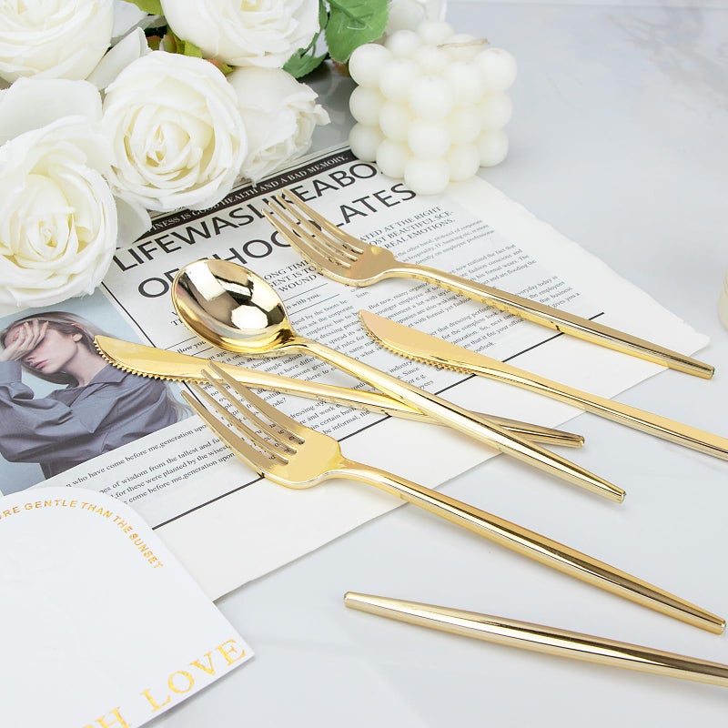 PULOTE 150PCS Gold Plastic Silverware Disposable - Heavy Duty Gold Plastic Cutlery - Gold Plastic Utensils Set Include 50 Knives 50 Forks 50 Spoons for Party&Wedding - Image 3