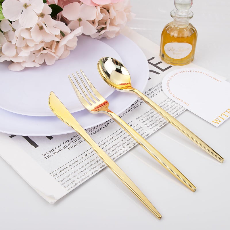 PULOTE 150PCS Gold Plastic Silverware Disposable - Heavy Duty Gold Plastic Cutlery - Gold Plastic Utensils Set Include 50 Knives 50 Forks 50 Spoons for Party&Wedding - Image 4