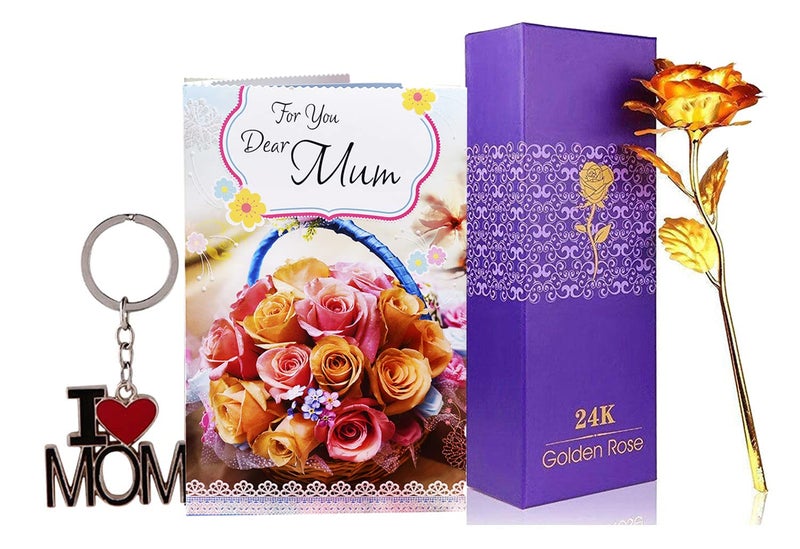 Natali Traders Gift for Mother - Greeting Card with I Love Mom Keychain and Artificial Golden Rose - Best Gift for Mother's Day - Mom - Mummy - Birthday Gift - Image 1
