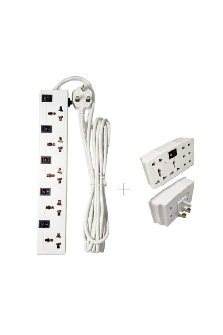 5-Way Extension Cord 5M – Power Strip with 5 Sockets & UK Plug – 5 Meter Cable, Surge Protected Board for Home, Office, Appliances – 1 Bonus Extension Plug Included – White