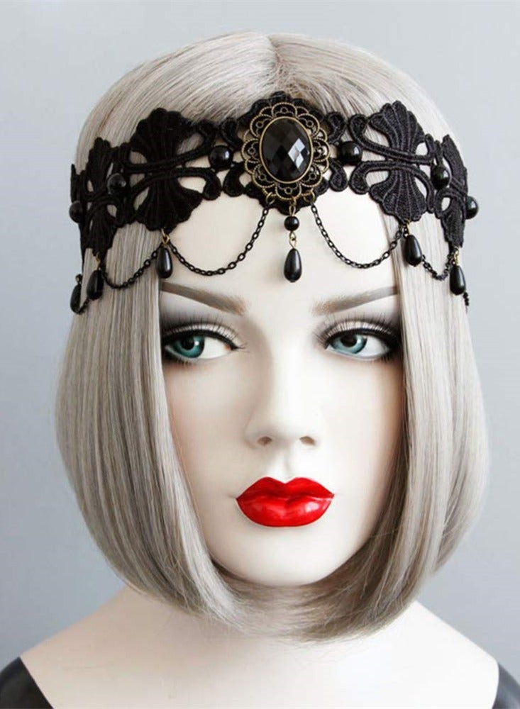 Forehead Chain Black Pearl Lace Elastic Headband Crown Headband Tiara, Chain Vintage Rhinestone Crystal Pendant Tiara Headband Wedding Prom Women Girls Hair Accessories - Image 2