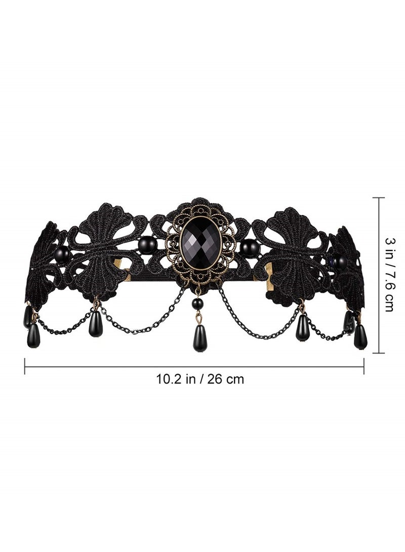 Forehead Chain Black Pearl Lace Elastic Headband Crown Headband Tiara, Chain Vintage Rhinestone Crystal Pendant Tiara Headband Wedding Prom Women Girls Hair Accessories - Image 5