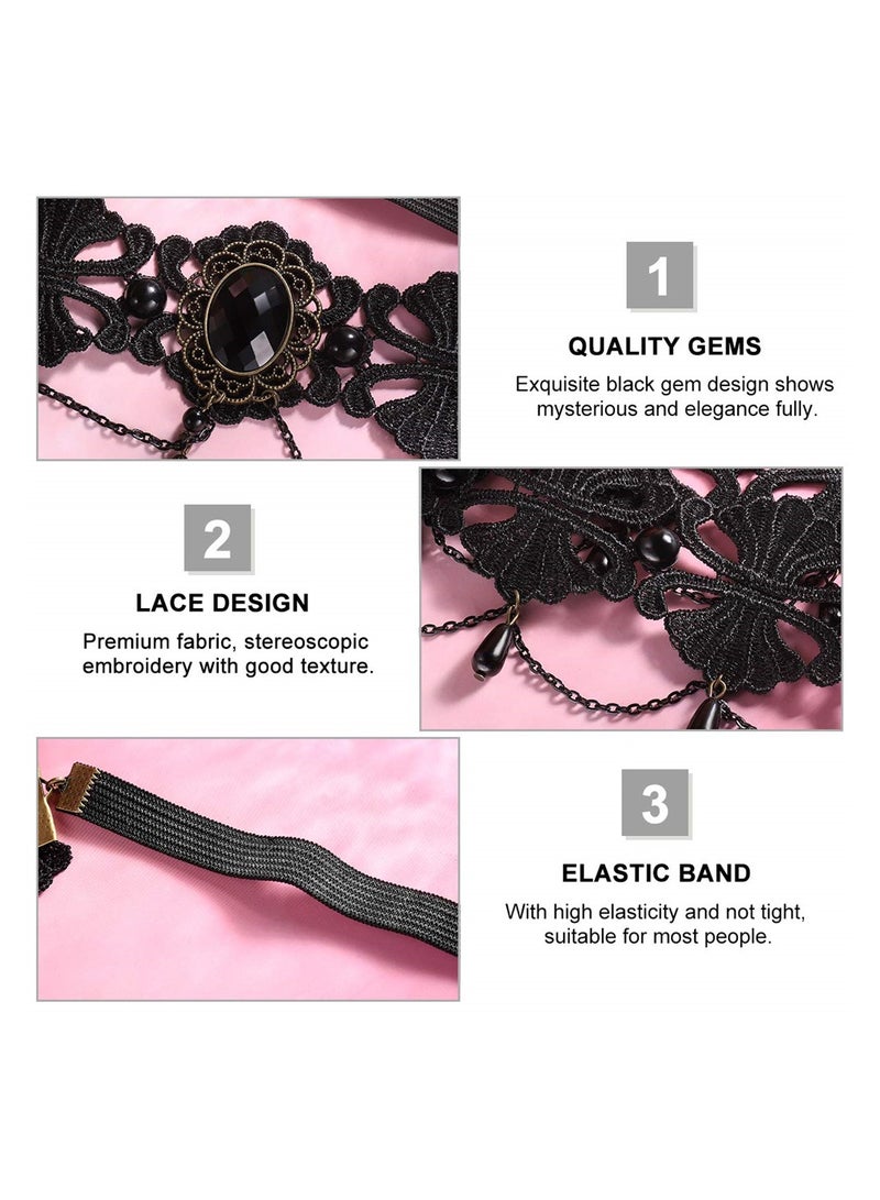 Forehead Chain Black Pearl Lace Elastic Headband Crown Headband Tiara, Chain Vintage Rhinestone Crystal Pendant Tiara Headband Wedding Prom Women Girls Hair Accessories - Image 3