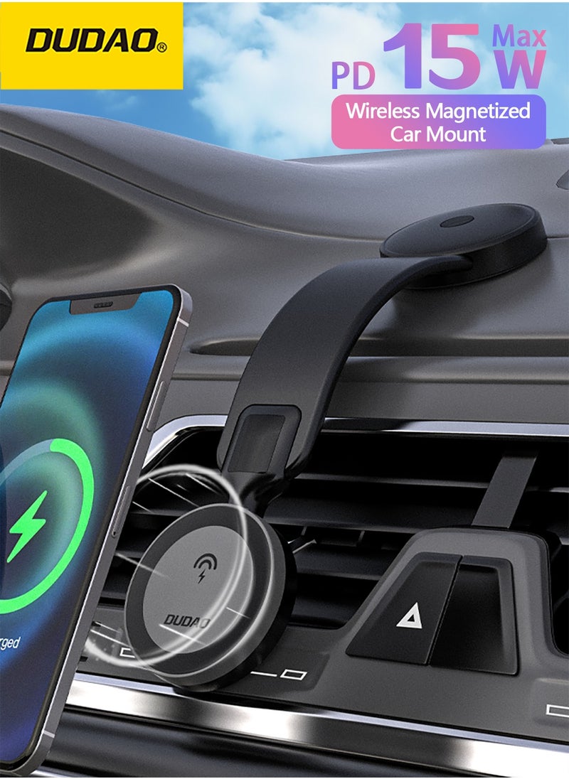DUDAO Magsafe Car Mount, 15W Car Wireless Charger, Magnetic Car Phone Holder Car Phone Mount, Magnetic Car Mobile Charger, for All Dashboard, Magnetic Ring included  - Image 1