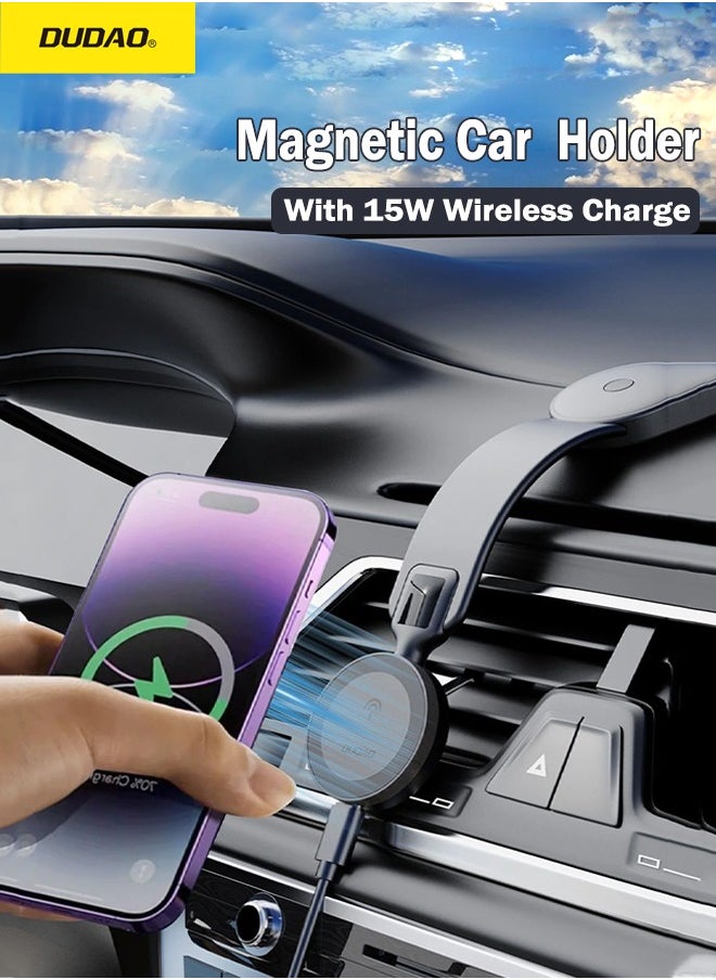 DUDAO - Magsafe Car Mount, 15W Car Wireless Charger, Magnetic Car Phone Holder Car Phone Mount, Magnetic Car Mobile Charger, for All Dashboard, Magnetic Ring included - Image 1