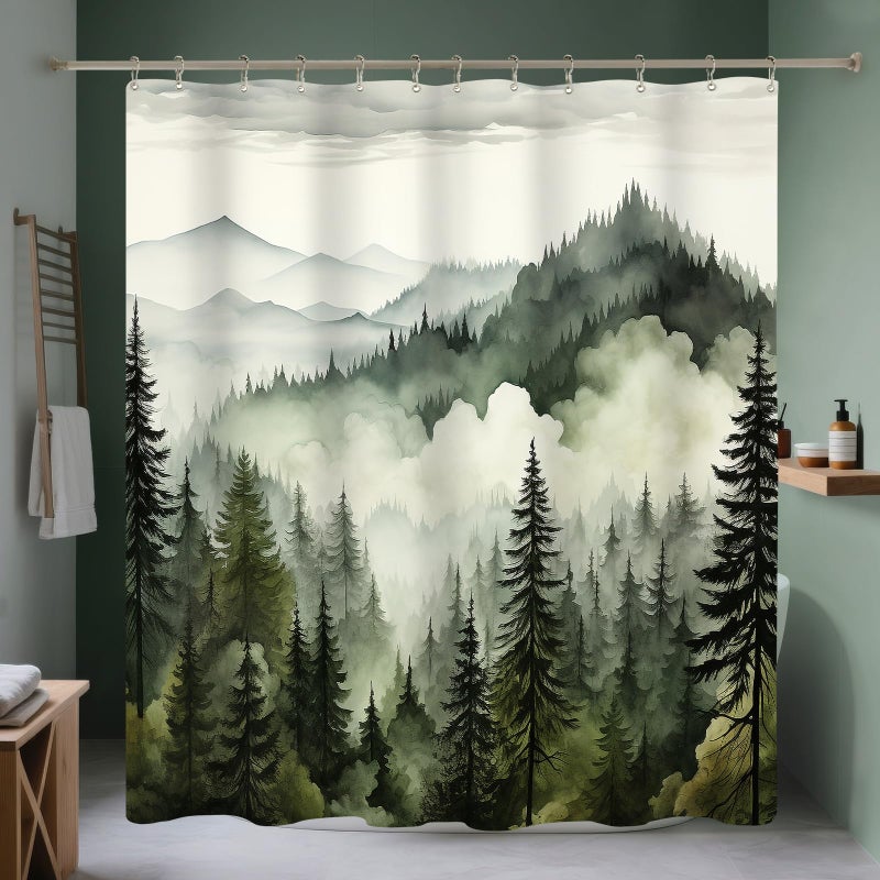 BayNook Dark Green Misty Forest Shower Curtain, Mountain Nature Shower Curtain for Bathroom, Rustic Woodland Pine Tree Landscape Mens Decor Waterproof Fabric Shower Curtain Set with Hooks, 72x72 - Image 1