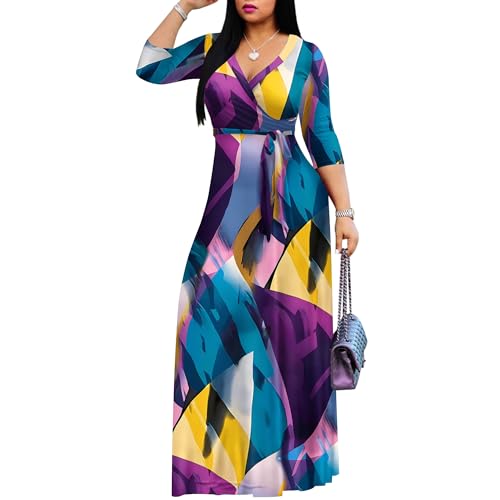 FANDEE Plus Size Maxi Dress for Women Casual Summer Sundress V-Neck 3/4 Sleeve(Blue Purple Geometry,XX-Large) - Image 3