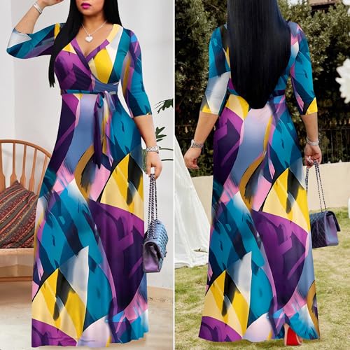 FANDEE Plus Size Maxi Dress for Women Casual Summer Sundress V-Neck 3/4 Sleeve(Blue Purple Geometry,XX-Large) - Image 4