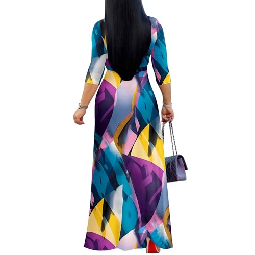 FANDEE Plus Size Maxi Dress for Women Casual Summer Sundress V-Neck 3/4 Sleeve(Blue Purple Geometry,XX-Large) - Image 2