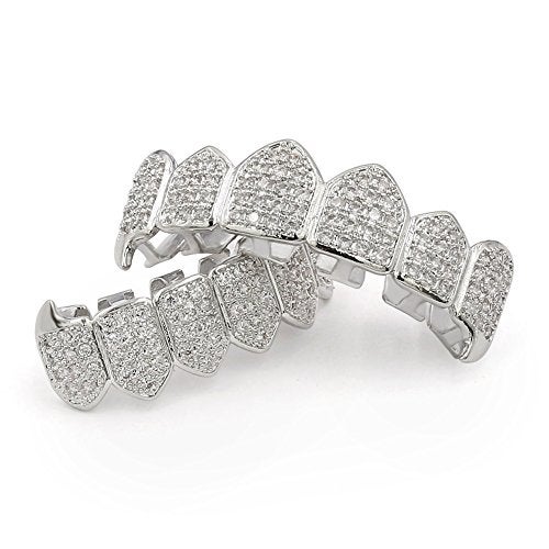 TOPGRILLZ Grillz Vampire Teeth - Grills for Your Teeth Grillz for Women Men 18K Gold-Plated Iced out CZ Fangs Hip Hop Rapper Costume Accessory Cosplay Extra Molding Bars（Silver） - Image 4